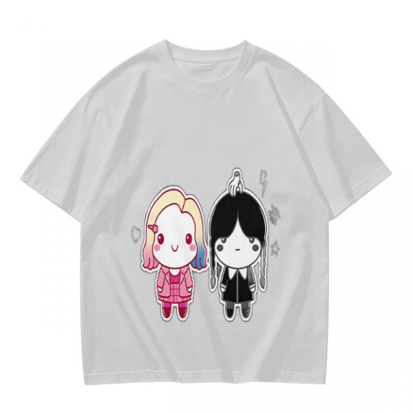 Olive T-Shirt with Chibi Wednesday Addams and Enid Sinclair Print