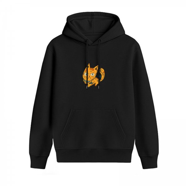 Black hoodie with distressed orange cat graphic print