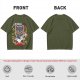 Olive green graphic t-shirt with a cartoon metal cat playing guitar
