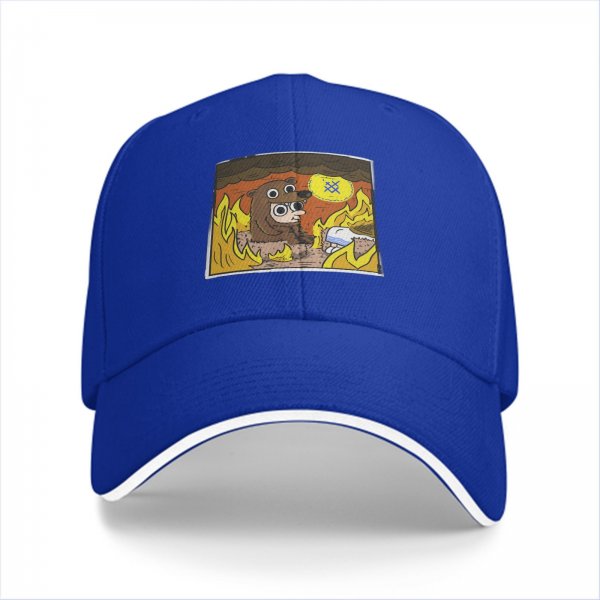 Black baseball cap with cartoon bear costume character in fiery cave print