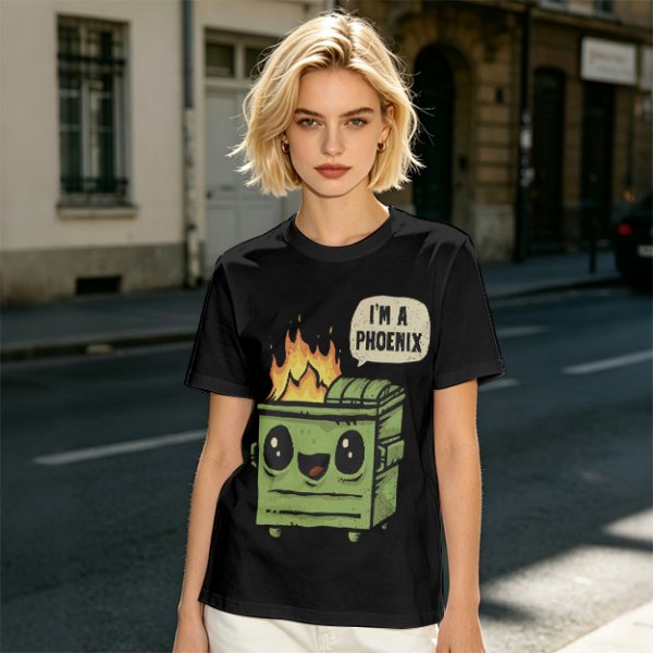 Olive green t-shirt with a cartoon dumpster on fire saying I'm a phoenix