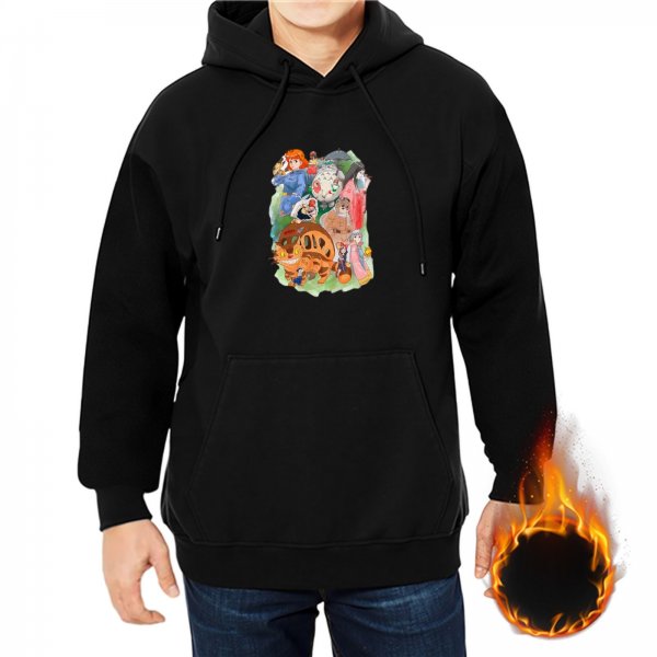Black hoodie with whimsical anime character graphic print