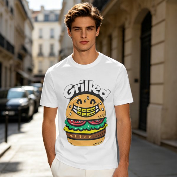 Olive T-Shirt with Smiling Grilled Burger Graphic
