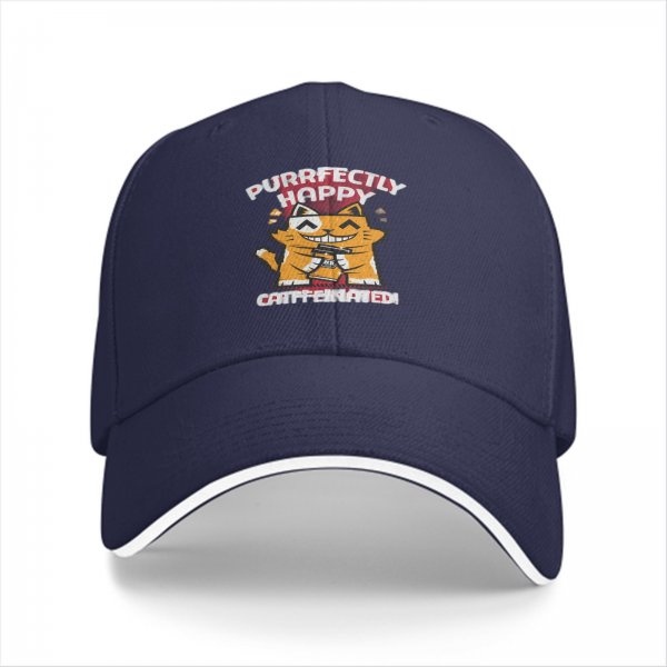 Black baseball cap with 'Purrfectly Happy Caffeinated' cat graphic