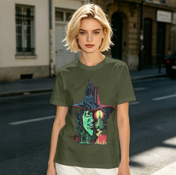 Olive T-Shirt with Wicked Witch of the West Emerald City Artwork