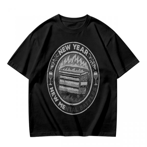 Olive T-Shirt With New Year New Mental Battles Dumpster Fire Graphic