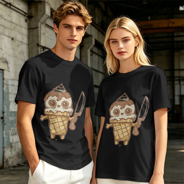 Olive T-Shirt With Cute Ice Cream Cone Holding Knife Print