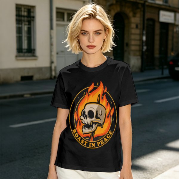 Olive T-Shirt With Roast In Peace Flaming Skull Graphic