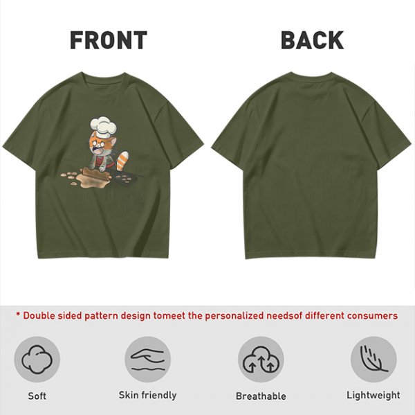 Olive T-shirt with a stressed cartoon cat baking cookies