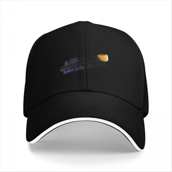 Black baseball cap with coffee themed graphic and text