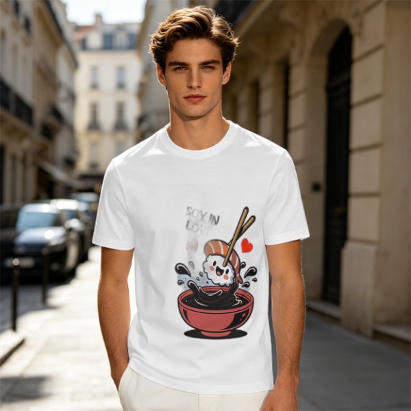 Olive T-shirt with Cute Sushi Dipping in Soy Sauce Graphic