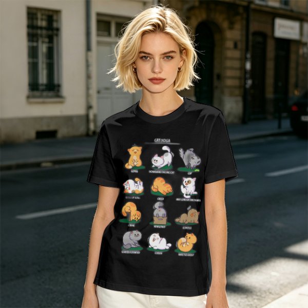 Olive Green T-Shirt With Cute Cat Yoga Pose Illustrations