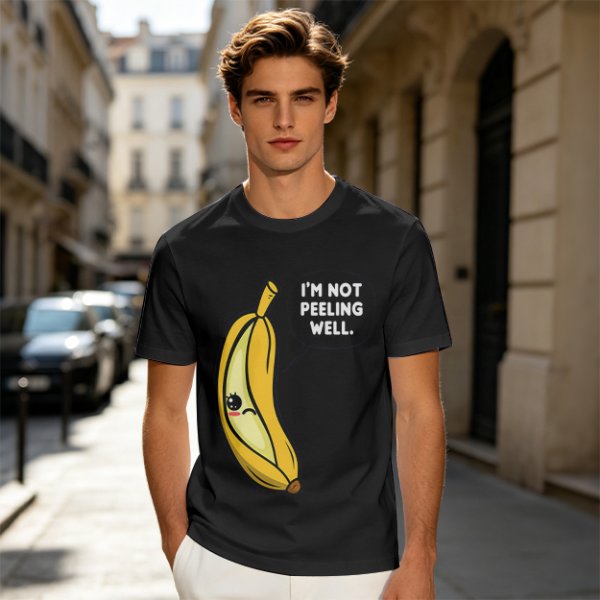 Olive T-shirt with sad banana graphic reading I'm not peeling well