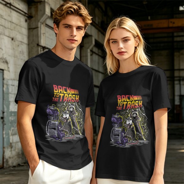 Olive graphic t-shirt with Back to the Trash raccoon design