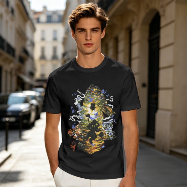 Olive Green T-Shirt With Mystical Cat Silhouette Graphic Print