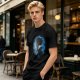 Olive T-Shirt With Anime Character Profile In Blue Cosmic Print
