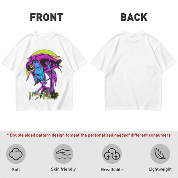 Olive t-shirt with neon vampire Dracula graphic and Japanese text