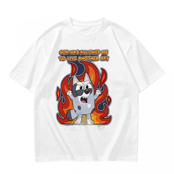 Olive t-shirt with cartoon dog and 'God has allowed me to live another day' print