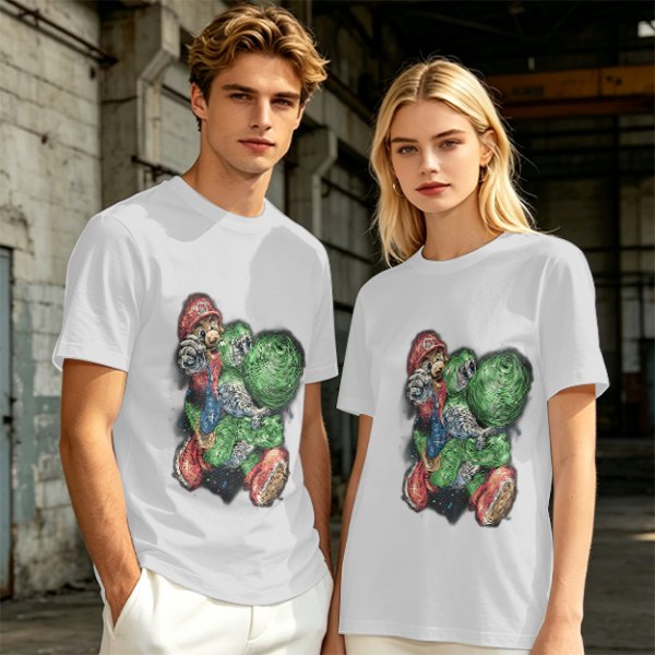 Olive T-shirt with Mario and Yoshi artistic graphic print