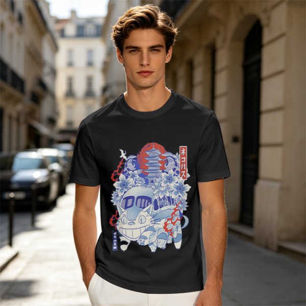 Olive green t-shirt with cat bus and Japanese traditional art print