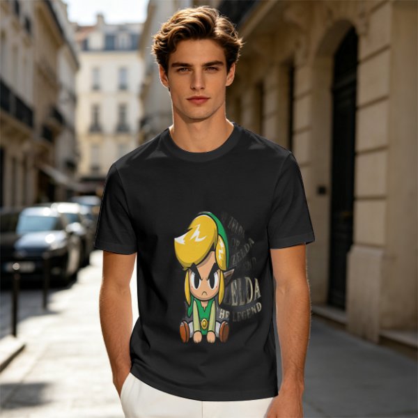 Olive T-shirt with Chibi Link from The Legend of Zelda Print