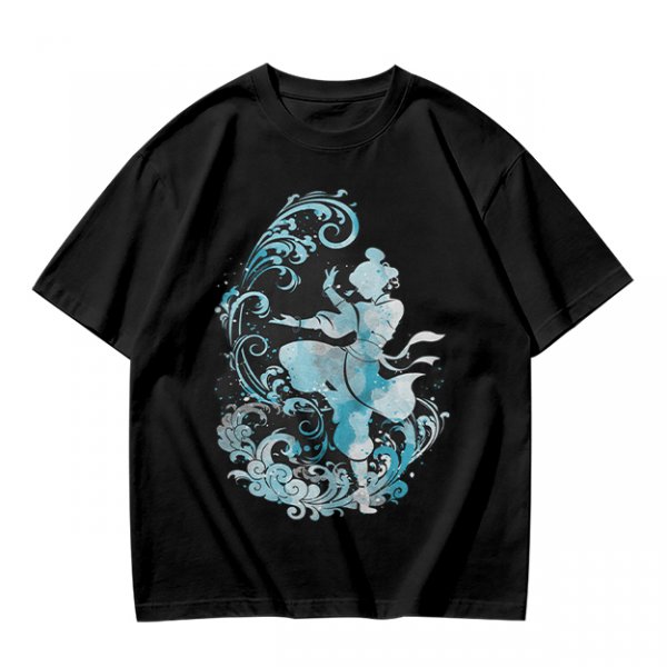 Olive T-shirt with Waterbender Character and Wave Art Print