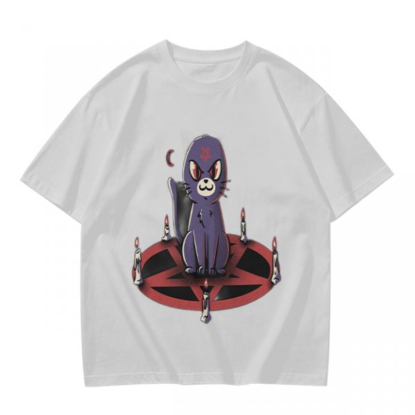 Olive T-Shirt With Purple Demon Cat On Pentagram And Candles