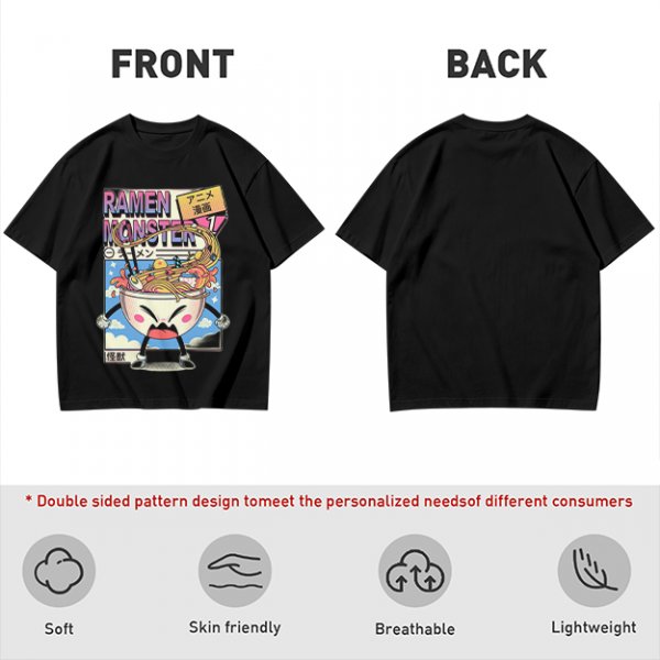Olive green t-shirt with ramen monster anime graphic print