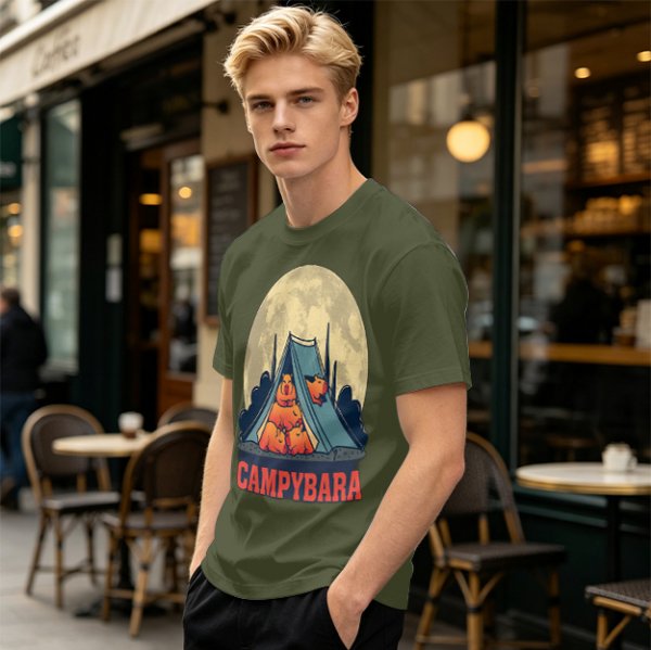 Capybara Camping Tent Full Moon Graphic T-Shirt