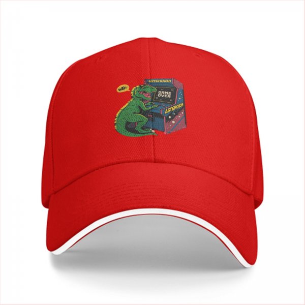 Black Baseball Cap with T-Rex Playing Asteroids Arcade Game Over Print