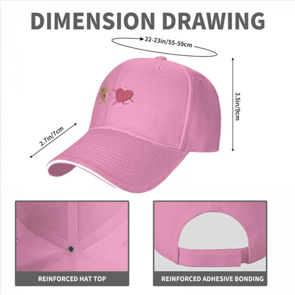 Black baseball cap with dancing pizza slice and pink heart design