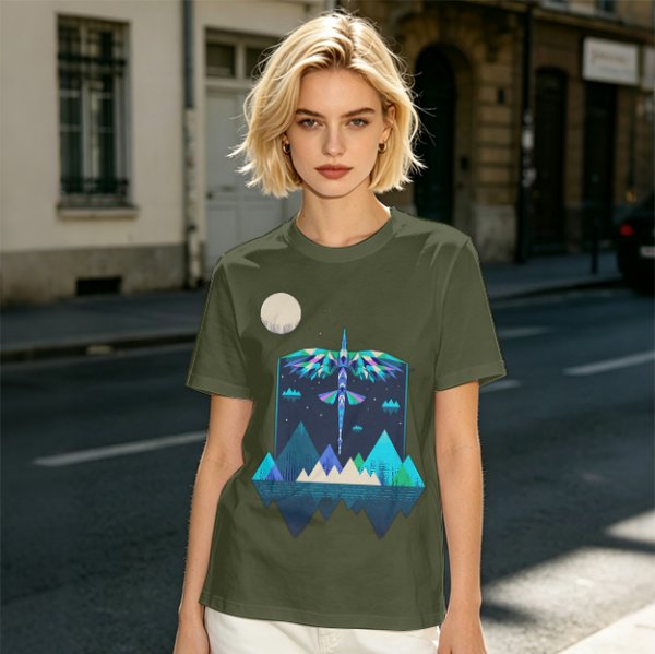 Olive T-Shirt With Geometric Dragonfly Mountain Night Scene Print
