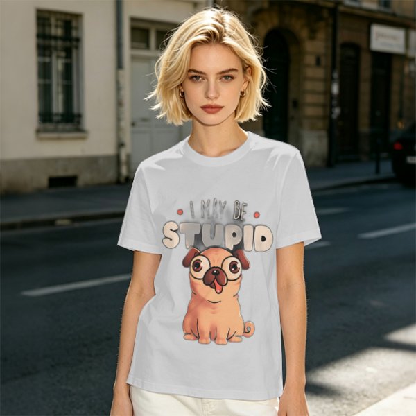 Olive T-Shirt With Funny Pug Graphic And 'I May Be Stupid' Text