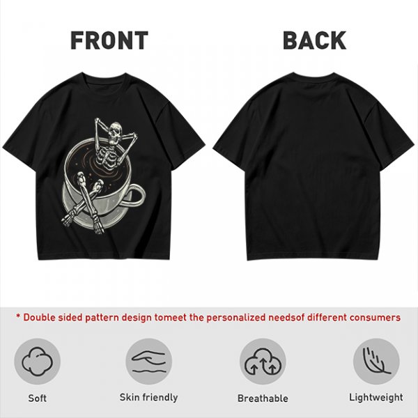 Olive T-shirt with skeleton relaxing in coffee cup graphic