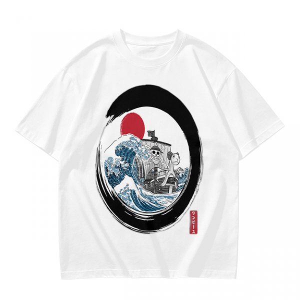 Olive T-shirt with Great Wave Enso Circle and Red Sun Print