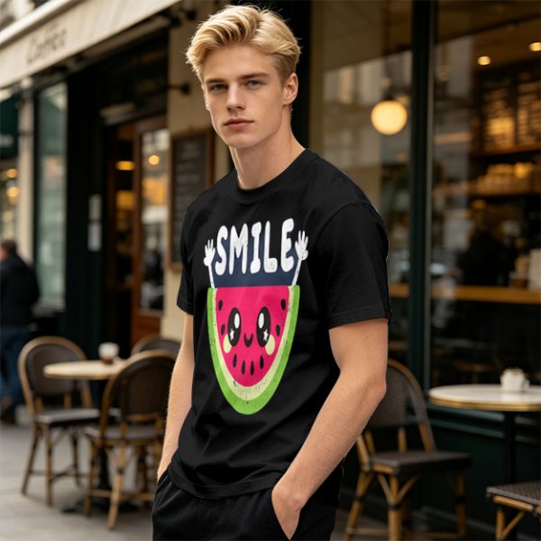 Olive T-Shirt With Cute Watermelon Graphic And Smile Text