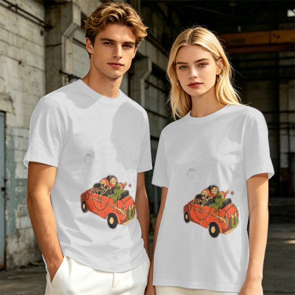 Olive T-Shirt with Skeleton and Friends in Christmas Car Print