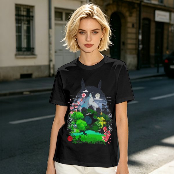 Olive Green T-Shirt with Totoro Nature Landscape Graphic Print