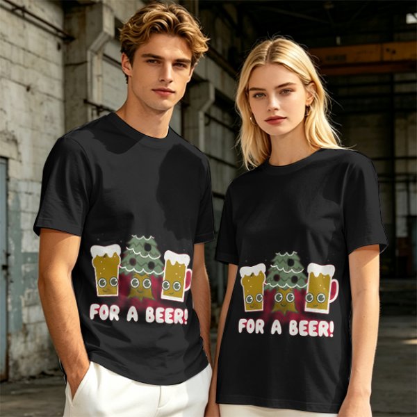 Olive green Christmas beer graphic t-shirt with 'FOR A BEER!' text