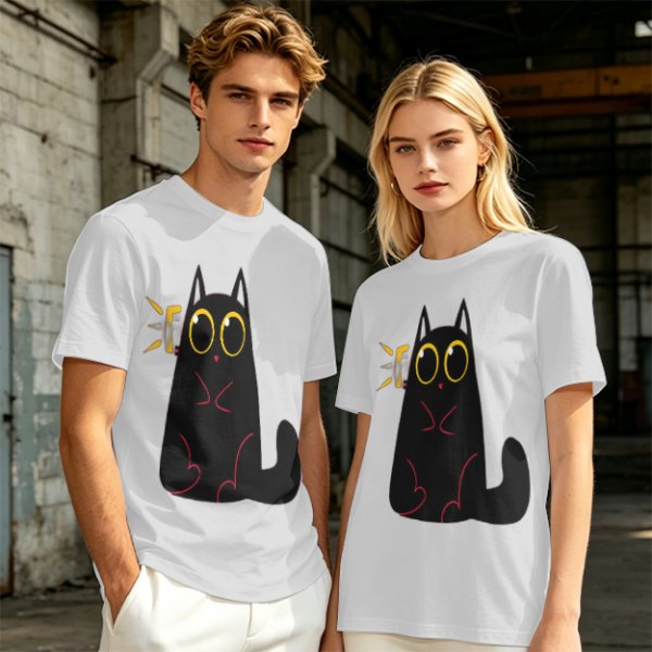 Olive Green T-Shirt With Surprised Black Cat Graphic Print