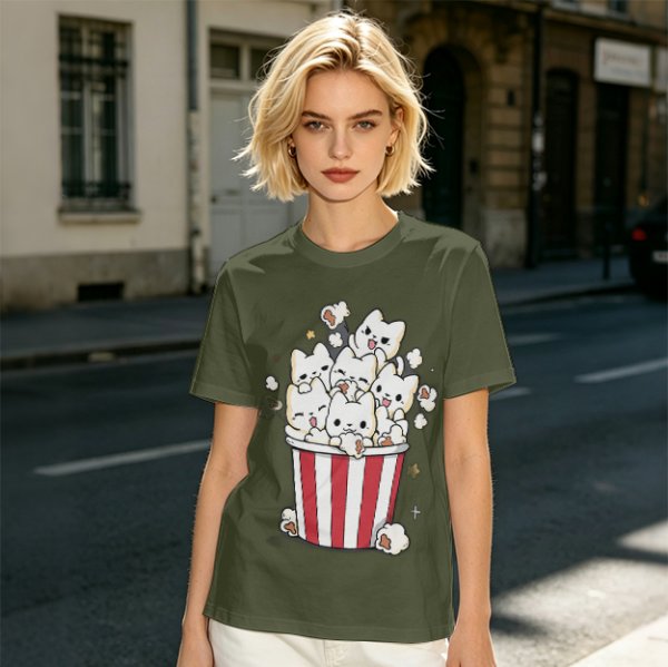Olive T-Shirt With Cute Kitten Popcorn Bucket Graphic