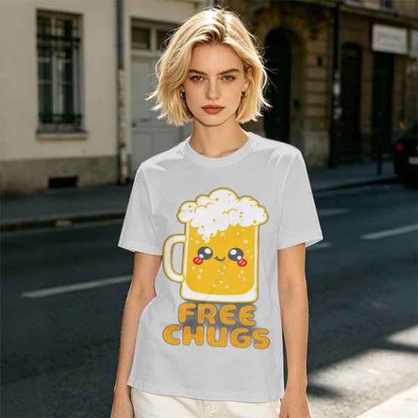 Olive Green T-Shirt With Cute Kawaii Beer Mug Free Chugs Print
