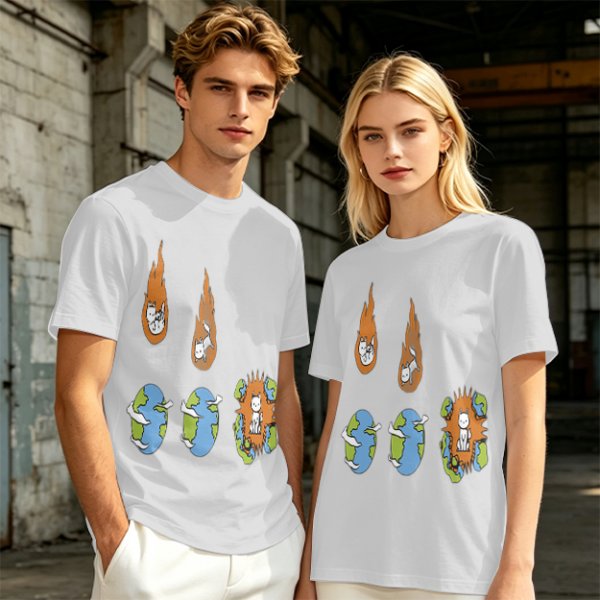 Olive Graphic Tee With Falling Cat Comets And Earth Artwork