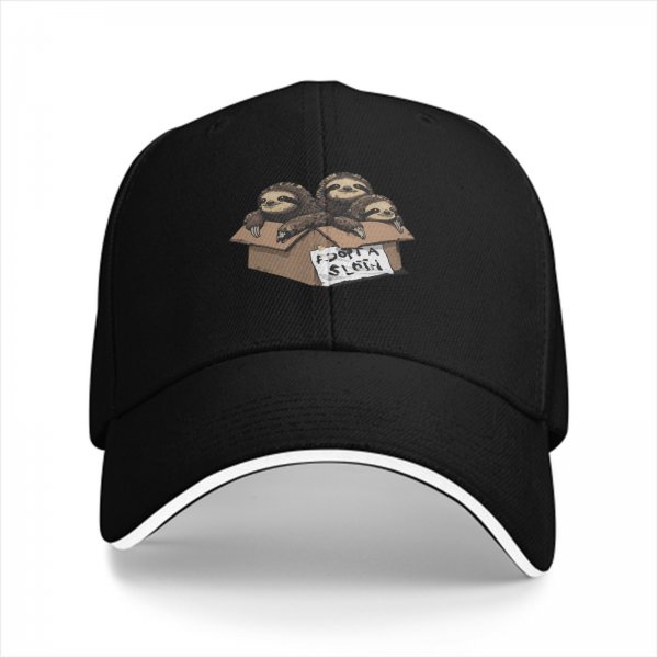 Black baseball cap with three sloths in a box that says adopt a sloth