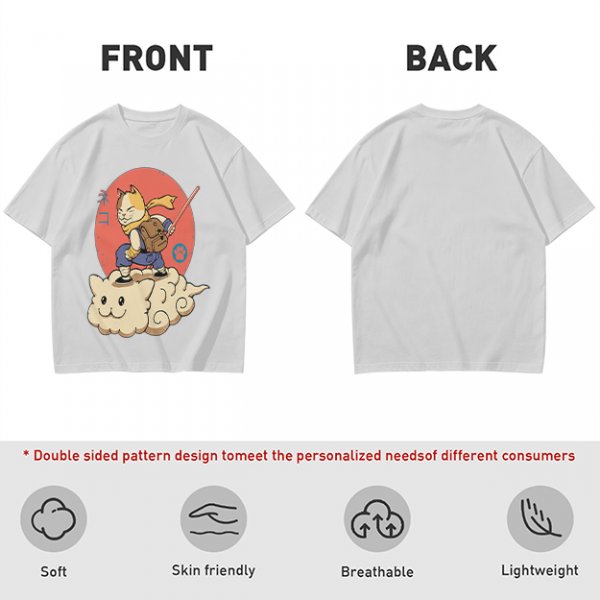 Olive T-shirt with a cat warrior riding a flying cloud graphic
