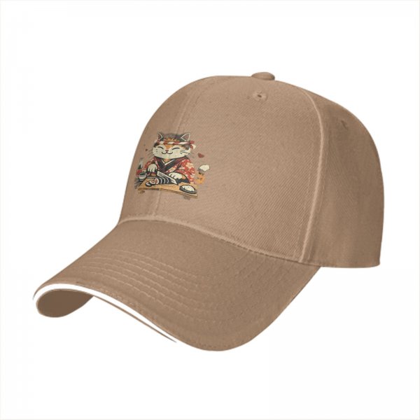 Black Baseball Cap With Cute Sushi Chef Cat Graphic