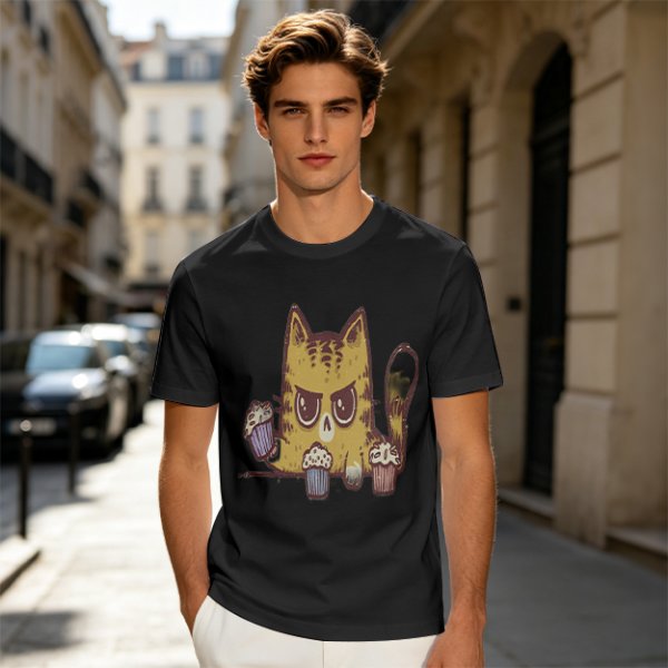 Olive T-Shirt With Angry Cat Holding Cupcakes Graphic Print