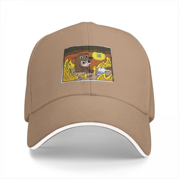 Black baseball cap with cartoon bear costume character in fiery cave print
