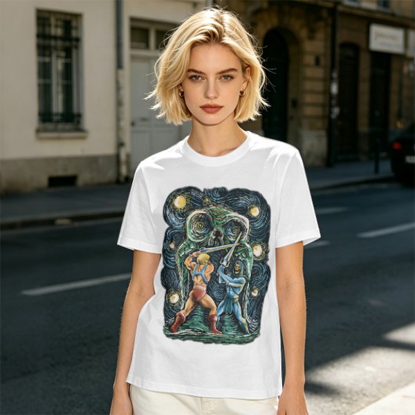 Olive T-shirt with Starry Night Style He-Man vs Skeletor Art