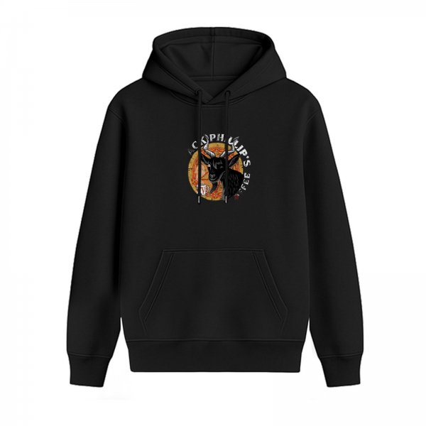 Black hoodie with goat and coffee themed graphic print